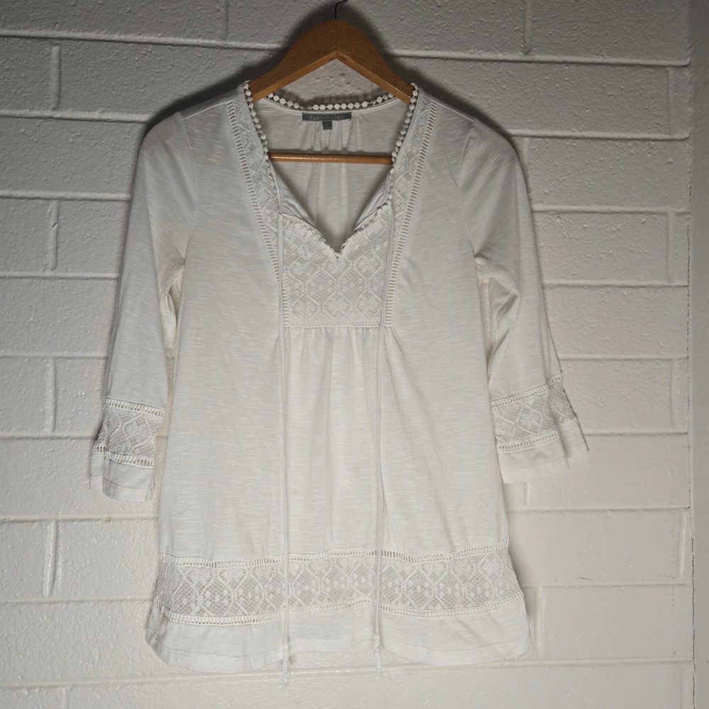 Daniel Rainn White Lace Trim Peasant Blouse Medium Boho Crochet Peasant Hippie